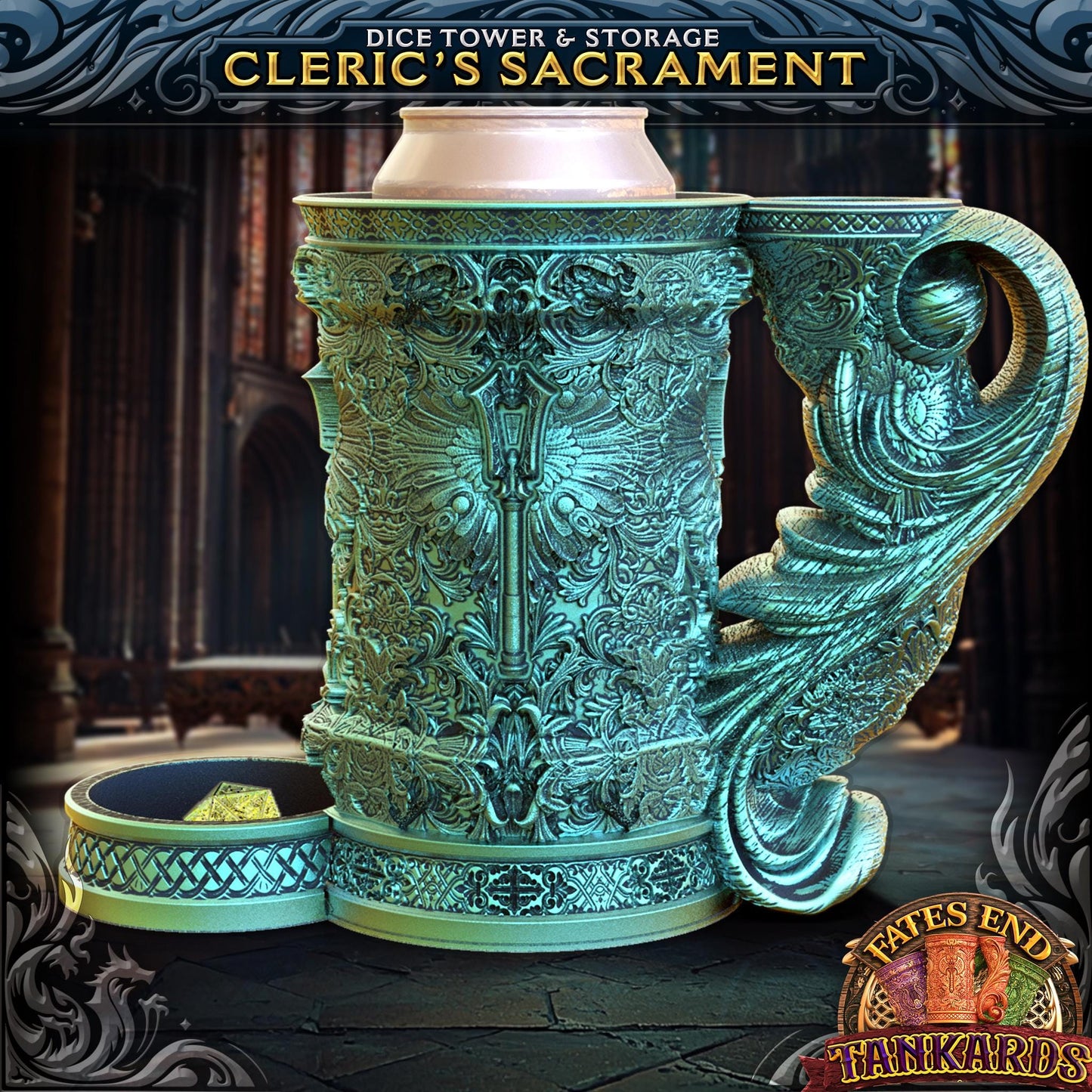 Cleric Themed Tankard Dice Tower and Can Holder with Dice Vault | Fates End RolePlay RP Gamer Mug Roll Gift Storage DND Classes from JCSFY